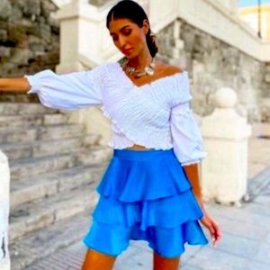 ZARA smocked white boho bohemian romantic top blouse medium